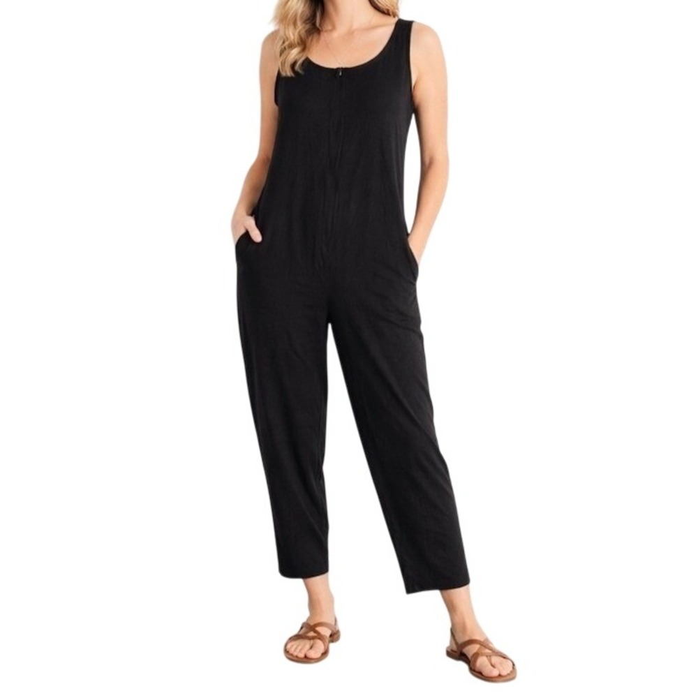 Eileen Fisher Black Jersey Knit Sleeveless Front Zip Cropped Jumpsuit‎ XXS